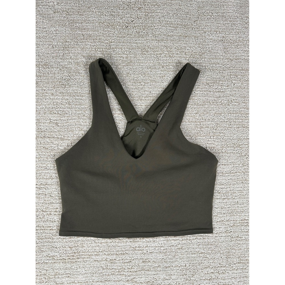 Alo Yoga Real Bra Tank Olive Green V-Neck Racerback Cropped Sports Bra Size M